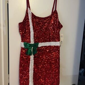 Sparkling Red Sequin Ladies  Dress with Green Bow